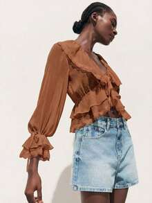 Blusa con botones y mangas con volantes con estampado floral de verano - Marrón - Ver 8