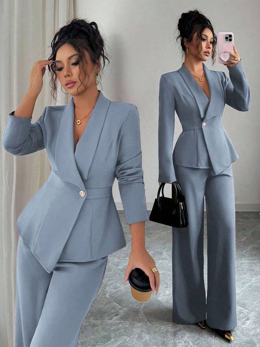 Conjunto de traje de mujer, tela de traje, cuello de solapa, manga larga, cintura ceñida con dobladillo asimétrico en línea A, decoración de botón de metal, sofisticado y elegante para la oficina, el transporte, el estilo callejero, el romanticismo francés, casual, vintage de Oriente Medio, té de la tarde, fiesta, Acción de Gracias, regreso a la escuela, primavera/otoño/invierno - Niebla azul - Ver 1