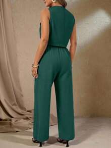 Conjunto de top de chaleco y pantalones de mujer talla grande elegante y romántico en color rosa con cuello en V, conjunto de ropa de cumpleaños para primavera/verano para mujer, conjunto de monos elegantes, traje formal de negocios elegante para - Verde - Ver 2