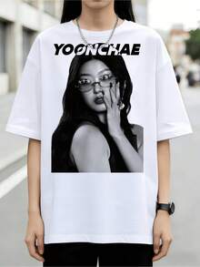 YOONCHAE Retro Halftone Portrait Style Graphic Cotton Summer T-Shirt - White - View 8