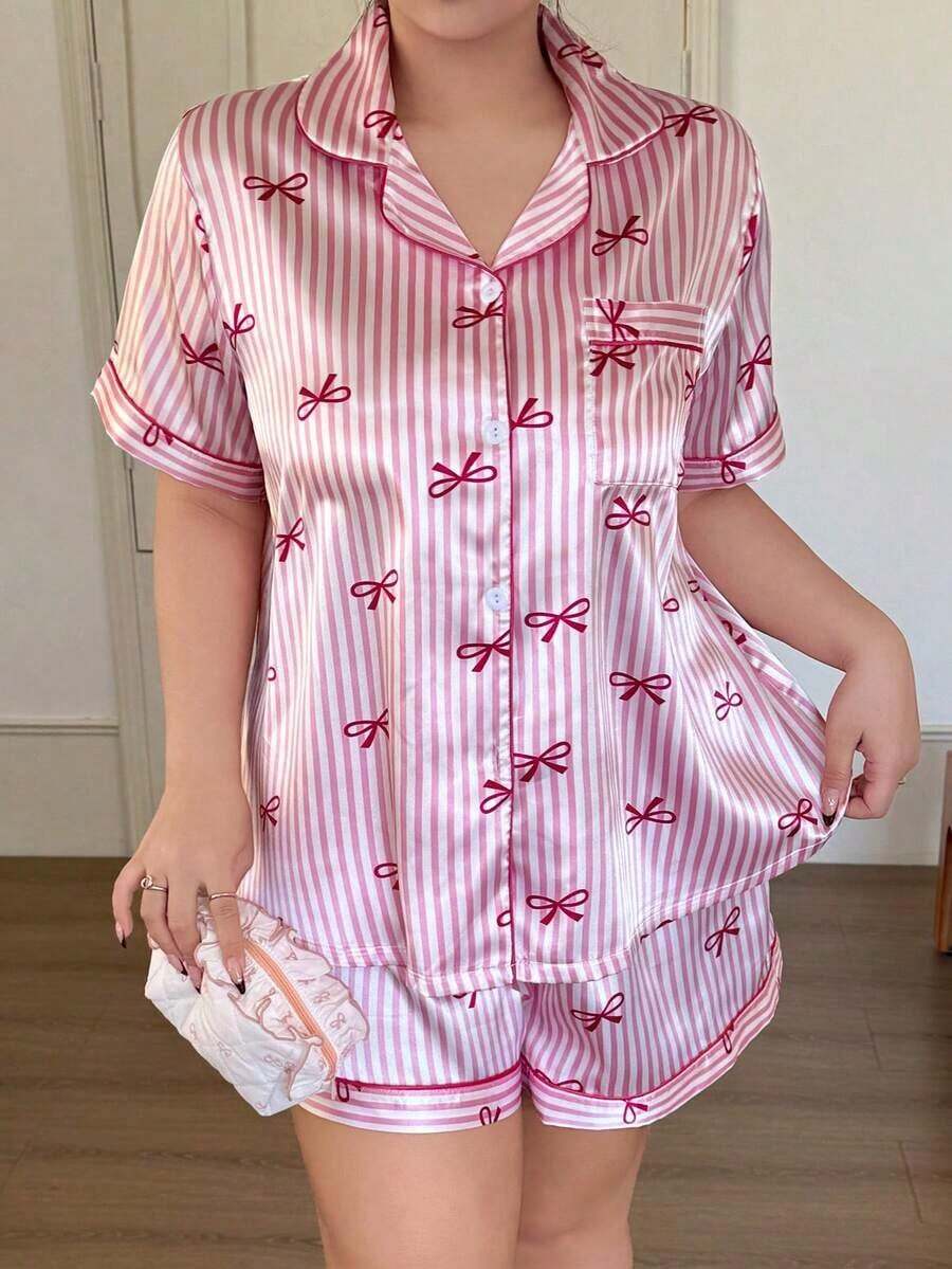 Conjunto de pijama de cárdigan con lazo, rayas y estampado de corazón, de talla grande, de seda sintética - Rosa - Ver 1