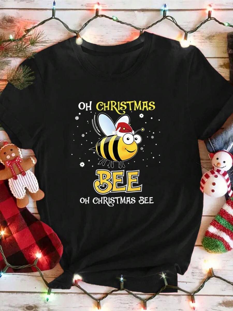 Camiseta de talla grande para mujer, casual y de moda con estampado, tallas 0-8XL, capa base de moda para salidas diarias, estilo, adecuada para todas las estaciones, ropa casual. Camiseta de manga corta y cuello redondo disponible en varios colores, camiseta divertida para mujer, regalo festivo. - Negro - Ver 1