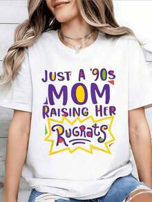 Just A 90s Mom Raising Her Rugrats, Women's Cotton T-Shirt, Durable And Resistant, Casual Fashion, Round Neck T-Shirt, Soft And Breathable Cotton, Stylish Women's Clothing, For Parties, Meetings, Comfortable Everyday Wear, Vibrant Quality Print. - 白色 - 查看 8
