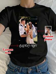 Personalized Photo T-Shirt, Your Photo, Anniversary Gift, Bridesmaid T-Shirt, Gift For The Bride, Add Your Own Text And Images (Couple/Girlfriend/Family/Selfie/Pet/Friend/Party Photo) To Design Your Personalized T-Shirt, Suitable For Daily Wear/Wedding Party/Company Meeting/Family Reunion, Holiday Gifts, Mother's Day, Father's Day, Black Summer, Eternal Love, Retro Bootleg Style - 黑色 - 查看 1