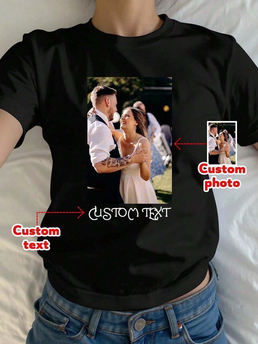 Personalized Photo T-Shirt, Your Photo, Anniversary Gift, Bridesmaid T-Shirt, Gift For The Bride, Add Your Own Text And Images (Couple/Girlfriend/Family/Selfie/Pet/Friend/Party Photo) To Design Your Personalized T-Shirt, Suitable For Daily Wear/Wedding Party/Company Meeting/Family Reunion, Holiday Gifts, Mother's Day, Father's Day, Black Summer, Eternal Love, Retro Bootleg Style - 黑色 - 查看 1