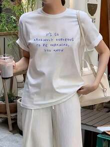 Nueva camiseta de moda de verano para mujeres con cuello redondo y estampado de letras, fresca, de manga corta, envío nacional, blusas de manga larga para mujeres - Blanco - Ver 2