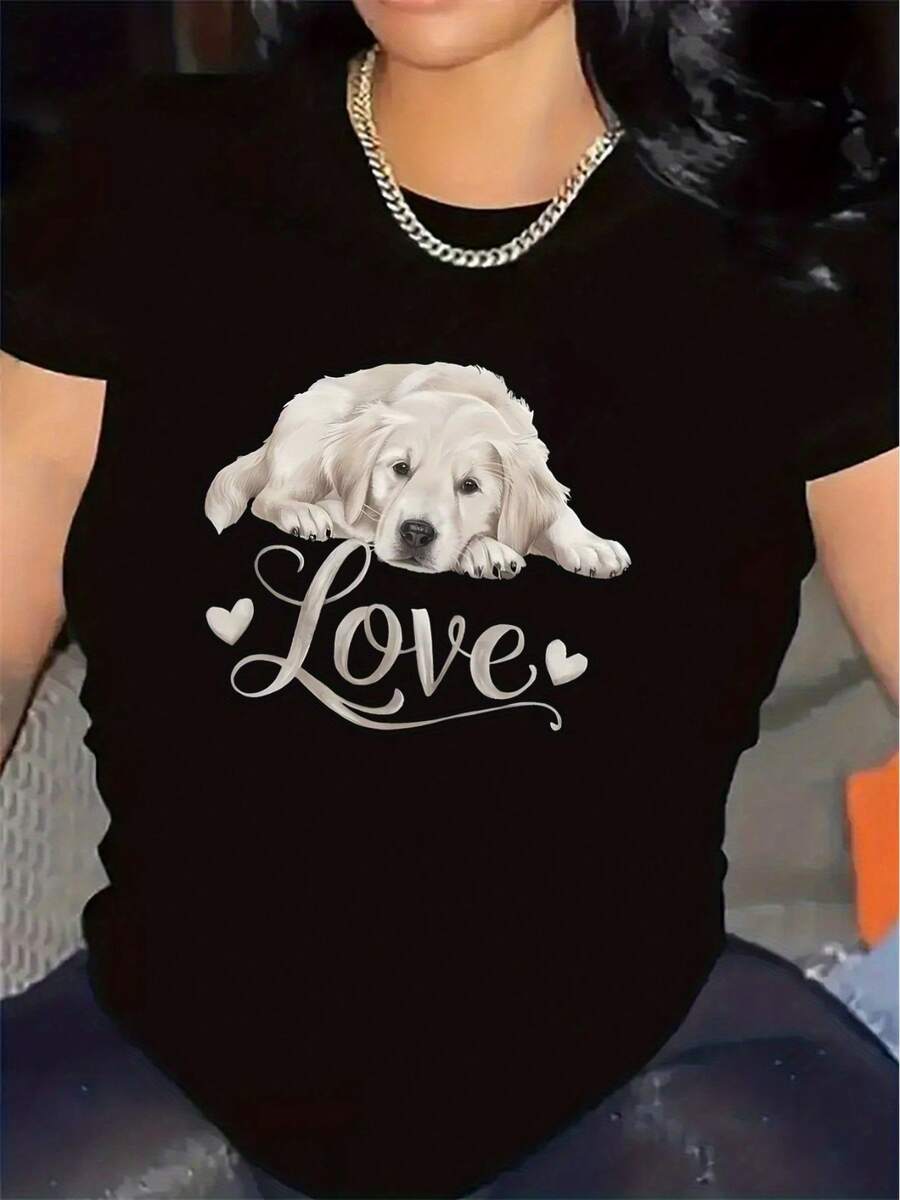 Camiseta de manga corta de poliéster con un adorable diseño de cachorro, perfecta para usar en la sala de estar del hogar, duradera y cómoda, regalo ideal para amantes de las mascotas, tela suave, top elegante y ligero para atuendos casuales, adecuada para primavera, verano y otoño. - Negro - Ver 1