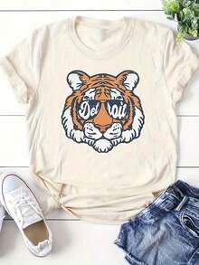 Cute Unisex Premium Casual T-Shirts [Retro Detroit Tiger T-Shirt] Women's T-Shirt With Retro Detroit Tiger Mascot Graphic Print | Nostalgic Urban Pride, Comfortable In All Seasons, Machine Washable T-Shirt, Cute And Casual Summer Graphic Tees For Women - 杏色 - 查看 2