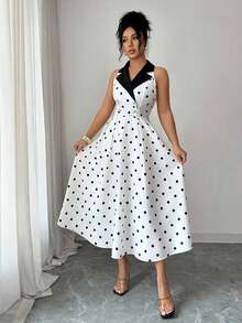 Vestido de verano de longitud media sin mangas con estampado de lunares, elegante y apropiado para ir al trabajo - Multicolor - Ver 6