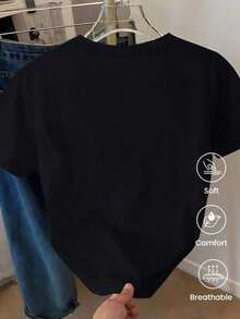 Short-Sleeved T-Shirt For Spring/Summer 2026, Made In Mexico, 180 Grams. Cartoon Print, Couple Design, Suitable For Indoor Or Outdoor Wear. Crew Neck, Unisex, Ideal For Office And Leisure. One-Pack. - 黑色 - 查看 3