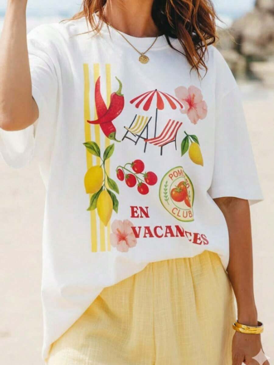 Camiseta de Gran Tamaño con Estampado Gráfico de Frutas y Verduras para Mujer, Nueva Camiseta Casual de Manga Corta con Cuello Redondo, Estilo Retro para Vacaciones en la Playa, Cómoda y Holgada, Transpirable para Uso Diario en Vacaciones, Ropa Urbana, Regreso a Clases, Festivales de Música, Salidas de Fin de Semana - Camiseta Unisex de Algodón Holgada de Manga Corta con Cuello Redondo Estilo Vintage Urbano - Blanco - Ver 1