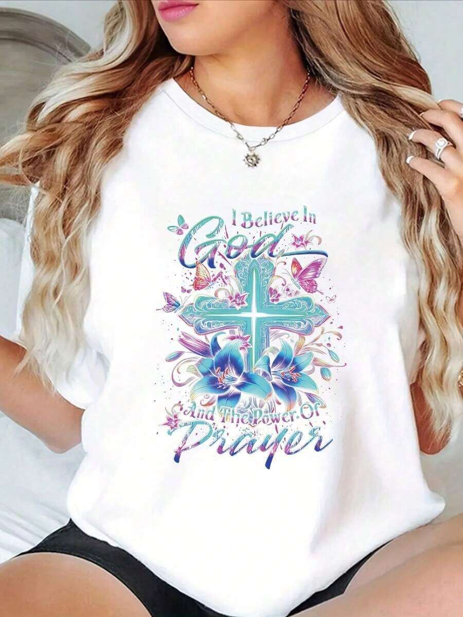 Women's White T-Shirt With Floral Design And Vibrant Cross - "I Believe In God And The Power Of Prayer" - Casual Crew Neck, Short Sleeve, All-Season Top | Religious Graphic T-Shirt | Comfortable Fit, Christian Clothing For Women - 白色 - 查看 1