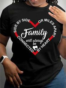 Family Letter Print Crew Neck T-Shirt, Casual Short Sleeve T-Shirt For Spring & Summer - Black - View 1