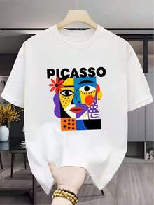 1 camiseta unisex con estampado gráfico estilo Picasso, rostro cubista con flor, 180g, 100% algodón. - Blanco - Ver 6