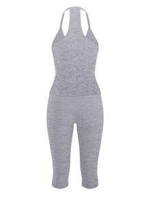 Women's Casual V-Neck Ribbed Knit Tank Top & Slim Fit Capris Solid Color 2-Piece Set Summer Outfit (Top And Pants Fabric Different, Specially Matched) - Grey - View 7