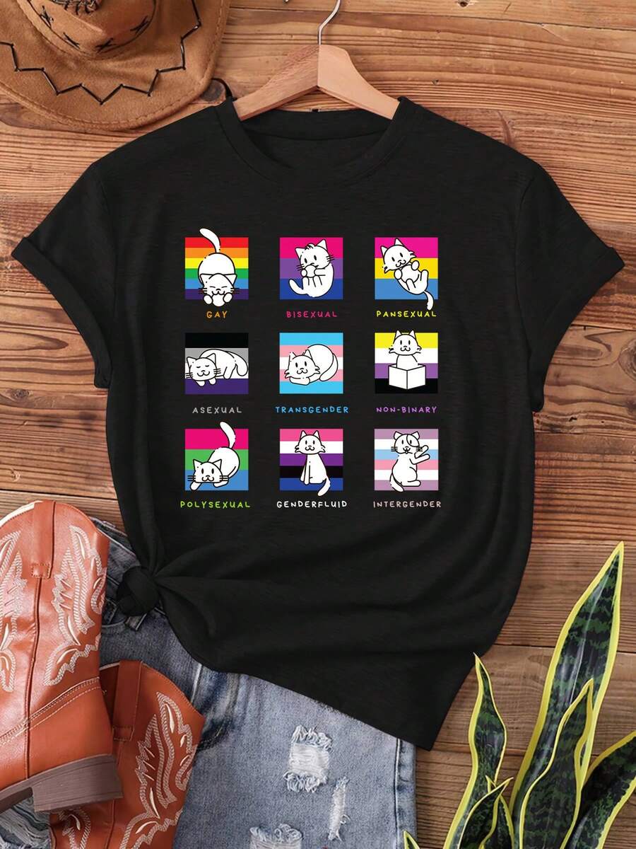 Una camiseta de mujer de manga corta, holgada, moderna, retro y elegante, adecuada para actividades al aire libre en primavera y verano;una camiseta de hombre con estampado de gato arcoíris, de manga corta y cuello redondo, informal, adecuada para verano y primavera;ropa de mujer.blusas para mujer,blusas casuales para dama,tops,, mujer premium,y2k,playeras de mujer curvy,ofertas y liquidaciones ropa mujer,playeras deportivas para mujer,,playeras de hombre, mujer,blusas>elegante YUYS - Negro - Ver 1