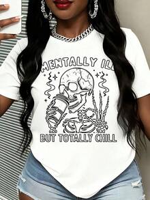 Skull Drinking Coffee Graphic T-Shirt, Mentally Bad But Totally Relaxed, Women's Casual Streetwear, Fashion Top, Summer Outfit - 白色 - 查看 6
