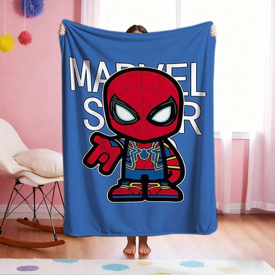 Marvel 1pc S-Pider-Man Print Blanket,Retro Cartoon Style Throw Blanket,Cartoon Character Printed Blanket,All-Season Universal Nap Blanket,Character Home Decor Blanket,Modern Fashion Gift Suitable For Home Bedroom Bed Sofa Office Lunch Break Cover Picnic Blanket - 彩色 - 查看 1
