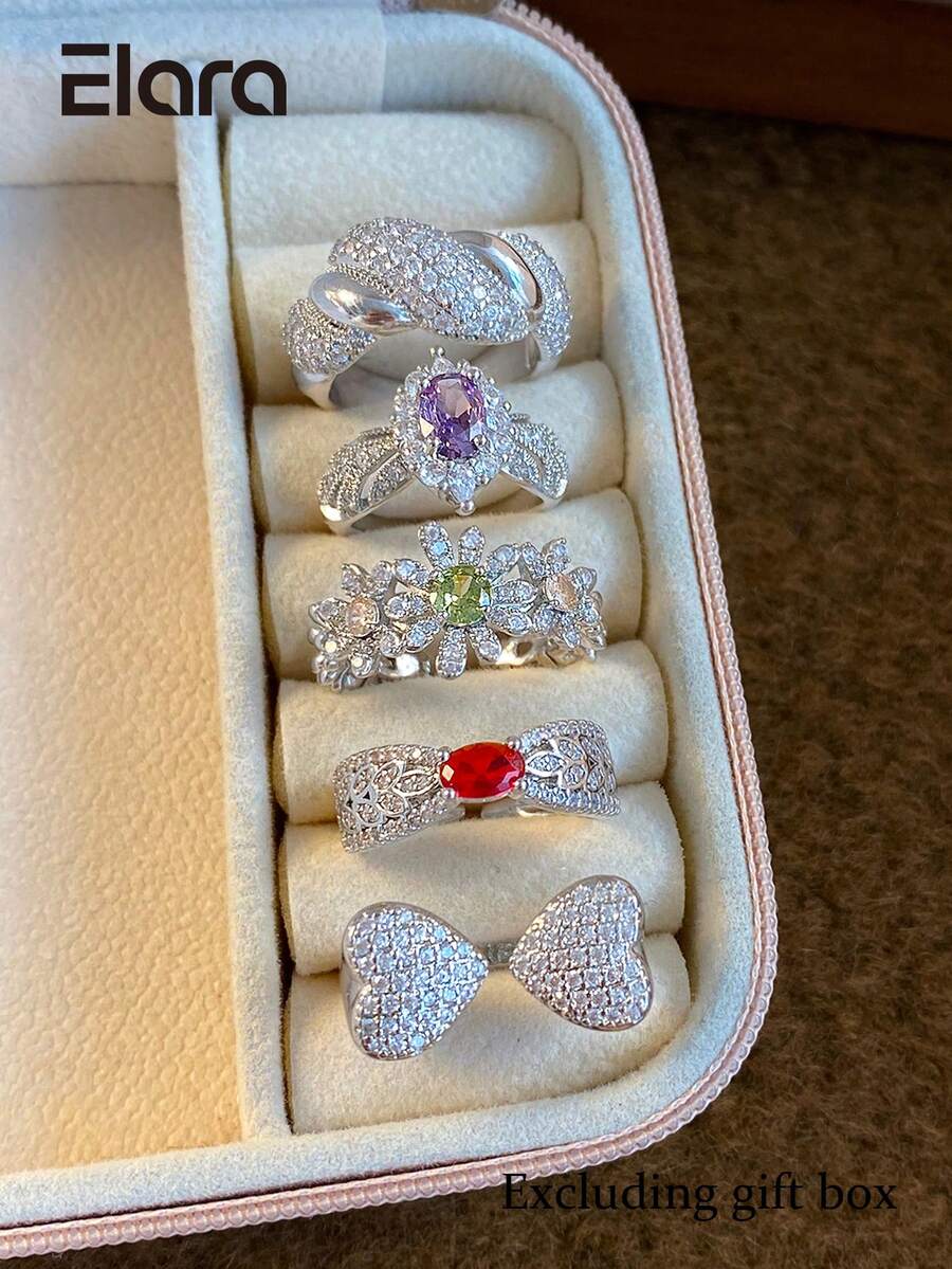 5件套奢华几何心形和花朵设计锆石镶嵌铜戒指套装，适合女士婚礼、节日、派对、搭配晚礼服（不含礼盒）
