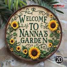 1 pièce Décoration murale plate vintage de tournesol - Design plat 2D, panneau rond avec le texte "Bienvenue dans le jardin de Nanna", taille : 20 cm x 20 cm, en fer, convient pour la décoration de la maison et du jardin ou en cadeau | Décoration murale de jardin rustique | Style vintage. Trous pré-percés comme indiqué dans le tableau des tailles - Multicolore - Voir 6