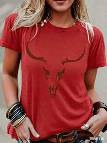 Playera Con Diseño Bullhead, Estilo Bohemio Y Cowgirl, Ideal Para Festivales, Tela Suave De Algodón Puro, Camiseta Casual De Moda Para Hombre Y Mujer - Rojo - Ver 10