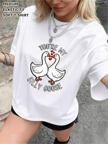 Women's Casual Short-Sleeved T-Shirt, Soft And Modern Y2K Style, With A Fun Print Of Two Facing White Geese, Decorated With A Red Heart And The Phrase "YOU'RE MY SILLY", Fashionable Urban Style Short-Sleeved T-Shirt, Elegant Blouses For Ladies. - 白色 - 查看 7