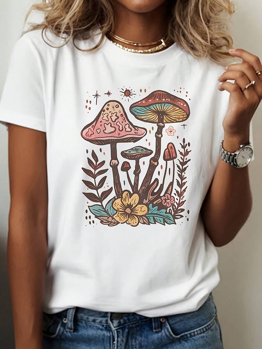 1 camiseta de mujer estilo bohemio vintage con estampado de hongos y flores - tela suave, transpirable y elástica, blanca con diseño bohemio en tonos rosa pastel y marrón, 180g 100% algodón. - Blanco - Ver 1