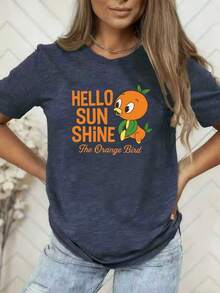 1 camiseta deportiva casual, Hello Sunshine, Orange Bird, con estampado retro de dibujos animados para mujer, manga corta, para primavera/verano, casual/vacaciones, para actividades al aire libre, almacén local, casual y elegante, 180g, 100% algodón. - Blanco - Ver 9