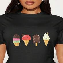Women's Black Cotton Ice Cream Print Casual Short Sleeve Round Neck T-Shirt, Regular Length With High Stretch For A Comfortable Fit. - 黑色 - 查看 1