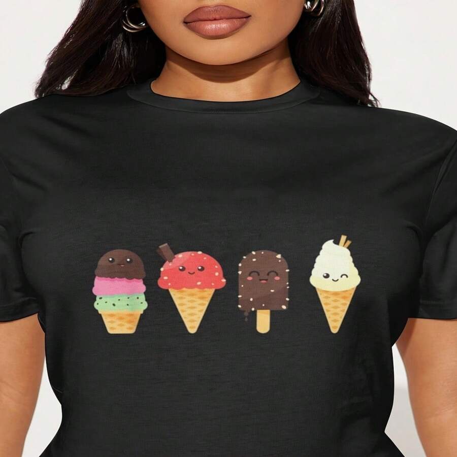 Women's Black Cotton Ice Cream Print Casual Short Sleeve Round Neck T-Shirt, Regular Length With High Stretch For A Comfortable Fit. - 黑色 - 查看 1