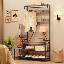 Rustic Industrial Hall Tree Coat Rack – Freestanding Entryway Organizer with Shoe Storage Bench, Hooks, Hanging Bar, Storage Cubbies, Top Shelf, Metal Frame for Hallway, Living Room - Gris - Ver 9