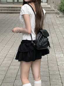 Korean Style Summer Minimalist Ruffle Lace Patchwork Short Sleeve Blouse White - White - View 3