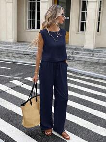 Conjunto de 2 piezas de chaleco y pantalones a cuadros casuales de vacaciones para mujer - Azul marino - Ver 5