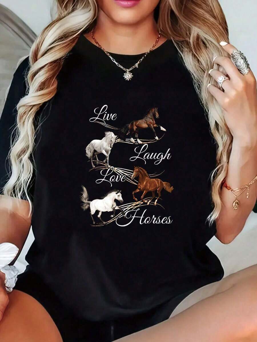 1pc Women's Plus Size T-Shirt - Live Laugh Love Horse Design In White And Brown - Round Neck, Machine Washable, Fun Casual Clothing For Horse Lovers, Horse Graphic Print Blouse, Plus Size, Durable 100% Cotton Construction - 黑色 - 查看 1