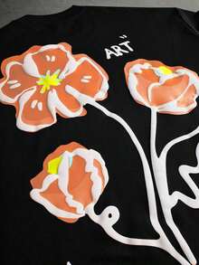Short-Sleeved T-Shirt With Embossed Floral Print, Urban Style, For Men And Women, Suitable For Outdoor Activities, Music Festivals, Daily Wear And Meetings With Friends. - 黑色 8 - 查看 6