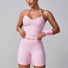 NcmRyu Women's Solid Color Versatile Bra Top And Shorts Set, Yoga, Tennis, Running, Workout, Outdoor Sports - Negro - Ver 8