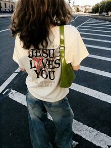 Women's Short-Sleeved T-Shirt With Round Neck And "Jesus Loves You" Print, Casual Style, Suitable For Everyday Wear, Summer White Color. - 黑色 - 查看 7