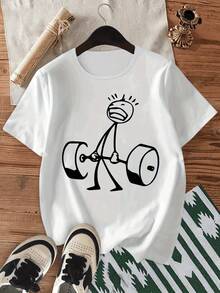 Casual Essential: A Man Struggling To Lift A Barbell, Short-Sleeved, Crew-Neck Sports T-Shirt, Loose Fit For Everyday Wear At Home, Made Of Soft Cotton For Daily Use. - 黑色 - 查看 7