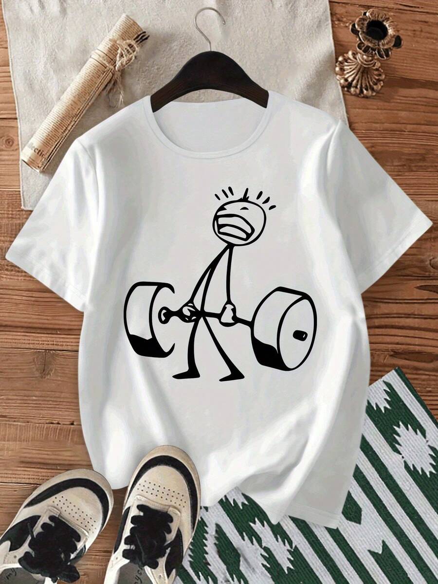 Casual Essential: A Man Struggling To Lift A Barbell, Short-Sleeved, Crew-Neck Sports T-Shirt, Loose Fit For Everyday Wear At Home, Made Of Soft Cotton For Daily Use. - 白色 - 查看 1