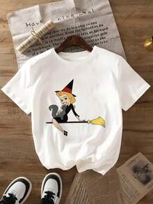 Y2K Women's Elegant Style T-Shirt With Witch Print, Short Sleeve, Round Neck, Casual Top, For All Seasons | Fashionable Casual Clothing | Loose, Casual, And Versatile T-Shirt With  Letter Print - 白色 - 查看 3