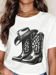 Women's Clothing Western Cowboy Boots And Hat Print T-Shirt For Women, Casual Country Style, Round Neck, Short Sleeve, Fashionable T-Shirt For Everyday Wear, Women's Shirts - 白色 - 查看 6