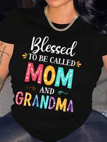 Mexican Summer Clothes For Women, Loose Fit T-Shirt With "Blessed To Be Called Mom And Grandma" Letter Print, Casual Short Sleeve Top For Women, Fashionable Summer Cotton T-Shirt - 黑色 - 查看 9