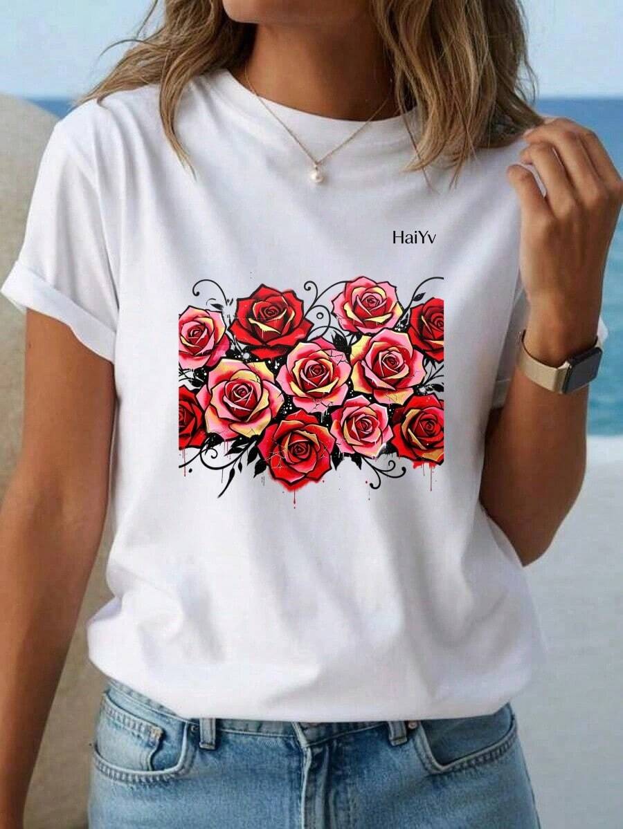 Limited Time Offer, Limited Quantity Available, Flash , Women's Shirts, Women's T-Shirts. Women's Comfortable Loose White T-Shirt, Short Sleeve Round Neck, Red Rose Graffiti Print, Casual T-Shirt For Everyday Wear And Going Out - 白色 - 查看 1
