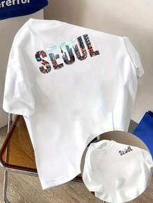New Men's T-Shirt Made Of 180g Heavyweight Cotton, Featuring A Seoul Cityscape Print On The Front And Back, Short Sleeves, Suitable For Everyday Casual Wear And Outdoor Fitness Activities, Unique Double-Sided Pattern Design - For Spring And Autumn As An Inner Layer And For Summer As An Independent Garment, Unisex. - 黑色 - 查看 6