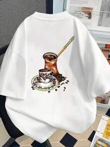 New 180g Short-Sleeved T-Shirt, 1% Cotton, With Front And Back Prints - Turkish Coffee, Coffee Maker - Fashionable Printed T-Shirt For Women, Your Best Choice! - Suitable For Layering In Spring And Autumn, Or For Wearing Alone In Summer, Unisex Style. - 白色 - 查看 2