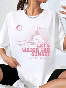 Let's Watch The Sunset And Moonrise, Women's Graphic T-Shirt, Plus Size, Pink Print, Casual Top, Fashion T-Shirt. - 白色 - 查看 7
