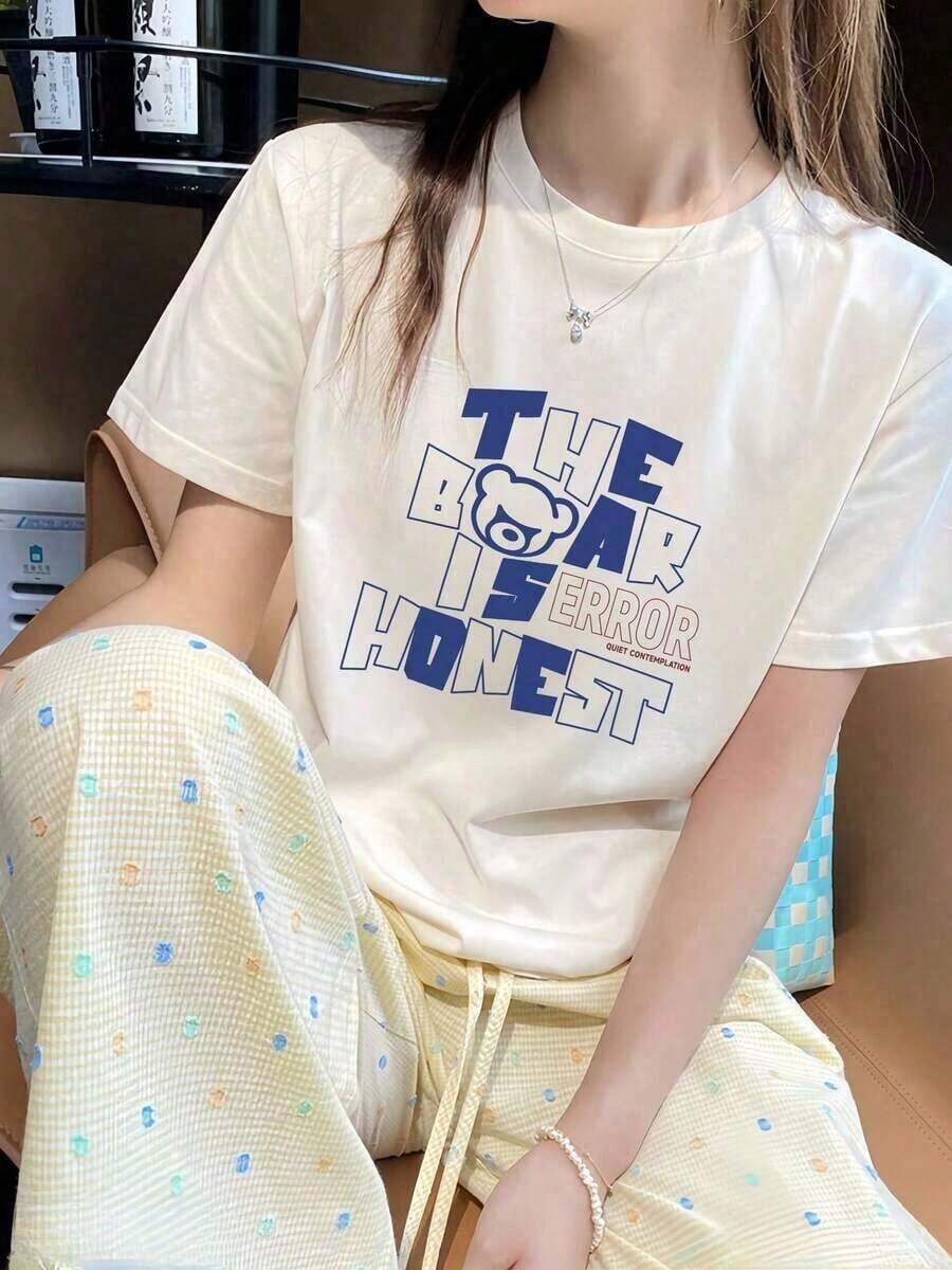 Women's Casual T-Shirt, 180g, Comfortable Fabric, Bear And Letter Print, Outdoor Sports T-Shirt | Loose Fit | Soft Knit T-Shirt, Solid Color And Simple, Breathable And Comfortable, Ideal For Casual Daily Wear. - 白色 - 查看 1