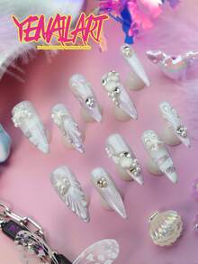 10片手工美人鱼按压式美甲贴片，闪亮蓝紫色渐变银色格子图案，饰有3D贝壳、海星、珍珠和水钻，全覆盖尖头亚克力假指甲，适合夏季、海滩、派对和日常佩戴。 - 淡紫色 - 查看 4