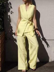 Elegante conjunto de 2 piezas, top sin mangas con cuello en V y cintura anudada, y pantalones anchos de pierna ancha con bolsillos, para primavera - Amarillo - Ver 6