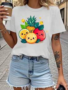 Women's T-Shirt With Fun "Cartoon Fruit" Print - Round Neck, Casual Short Sleeve, Adorable Fruit Print, Fun Design, Machine Washable, Suitable For All Seasons, Non-See-Through Fabric, Loose Fit, Fun Style, Breathable T-Shirt, Fun Clothing. - 白色 - 查看 1